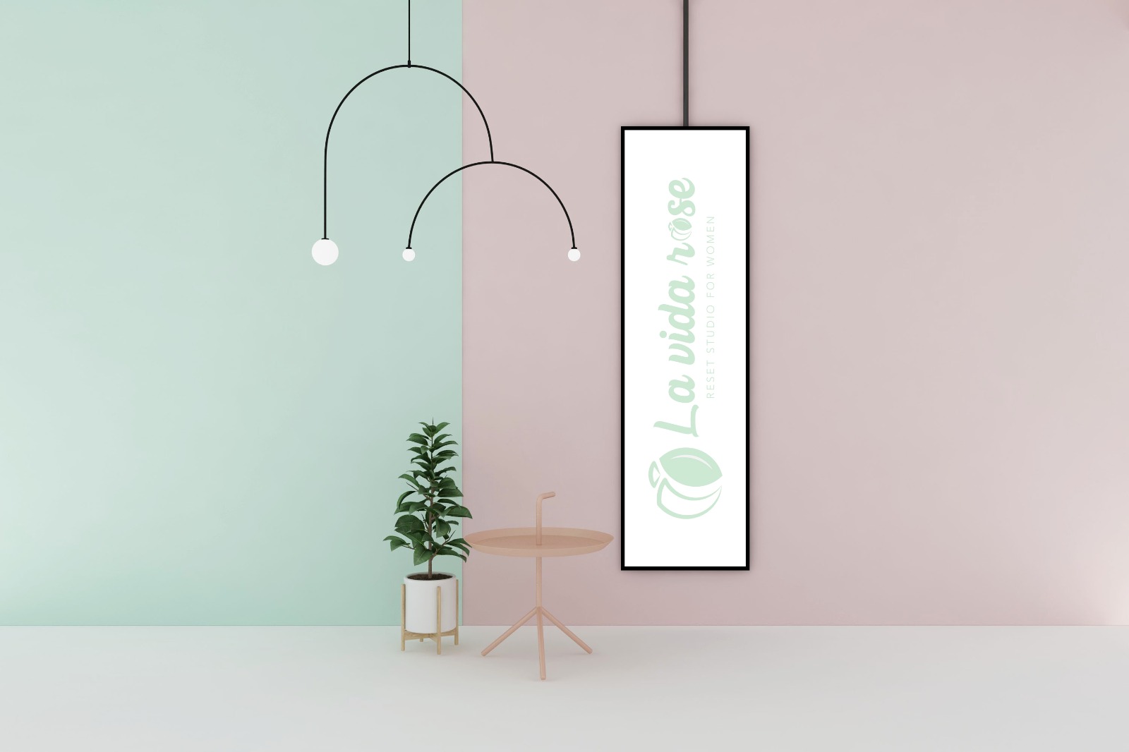 Pastel mint and blush corner with vertical signage